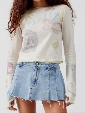 Urban Outfitters Cream Long Sleeve Tee with Pastel Print